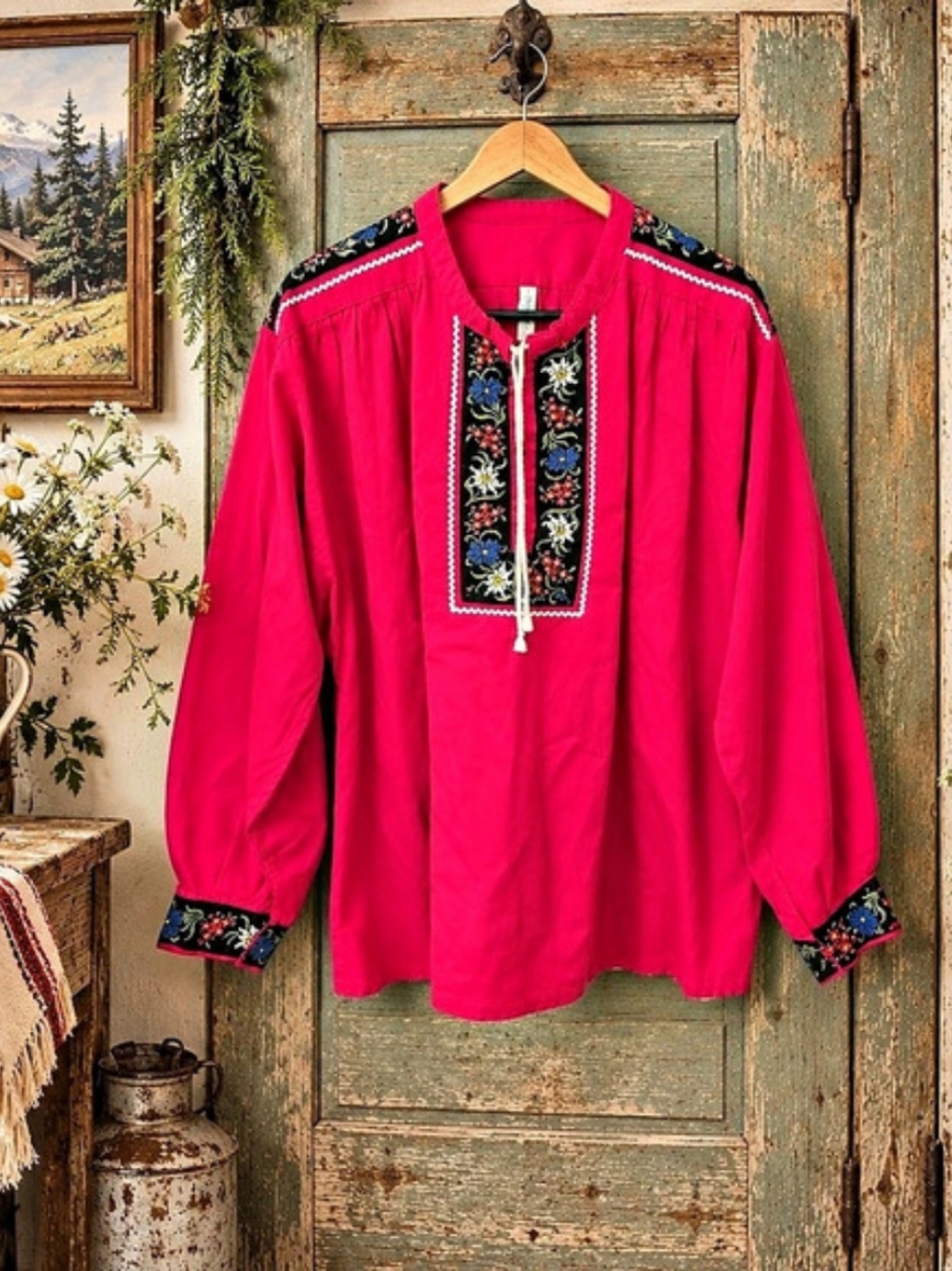Vintage WENET Swiss Trachten Folk Blouse 54 L Pink Embroidered Cotton